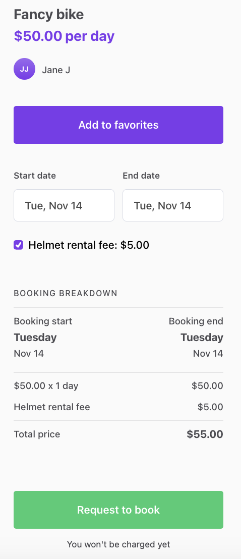 Helmet fee in booking breakdown