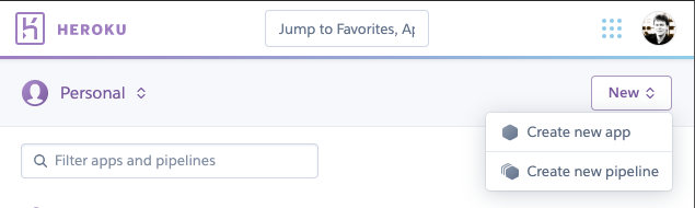 Create new app button in Heroku